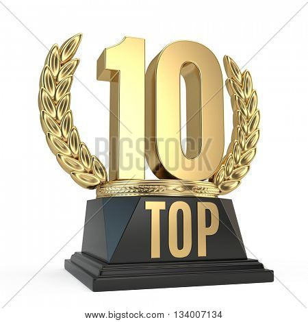 Top 10 ten award cup symbol isolated on white background. 3d render