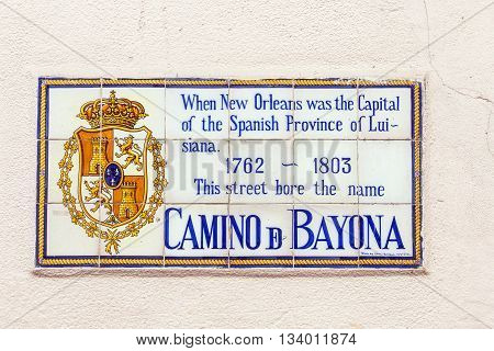 NEW ORLEANS, USA - AUG 5, 2012: old street name Camino de Bayona painted on tiles in the French quarter in New Orleans