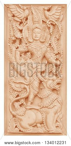 Traditional Thai style wood carving on the wall of Temple in Thailand