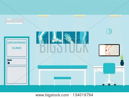Orthopedic clinics and diagnostic centers with the skeletal spinal bone structure of Human Spine and hospital bed medical health care anatomy vector illustration.