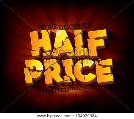 Half Price Sale typographic design with gold broken text against deep red rays backdrop. sale layout design. Vector illustration