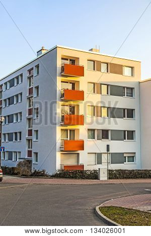 SCHWALBACH, GERMANY - JUNE 3, 2011: Apartment building with blue sky Full Frame