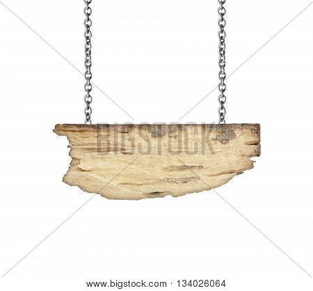 Old wooden sign hanging on a chain isolated on white