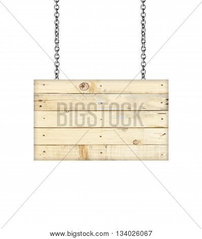 Wooden sign hanging on a chain isolated on white