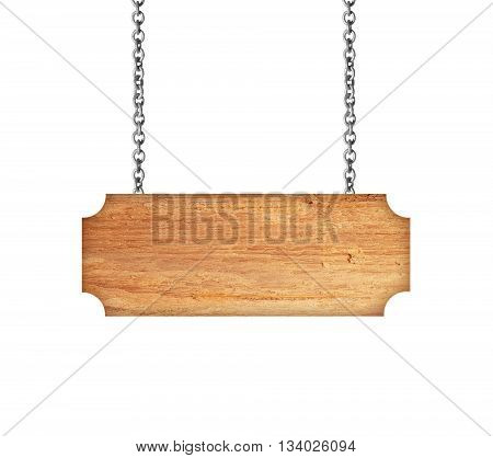 Wooden sign hanging on a chain isolated on white