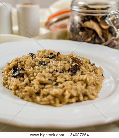 Traditional italian risotto with mushroom on white plate