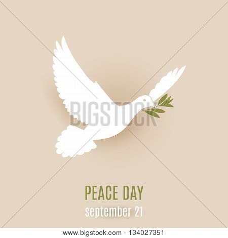 Peace day design with flying white dove with green branch in its beak