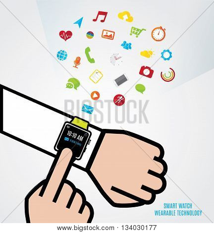 Vector : Hand With Smart Watch And Other Hand Touch The Watch And Smart Watch Function Icons Floatin