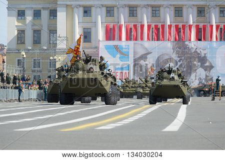 SAINT PETERSBURG, RUSSIA - MAY 05, 2015: The column of military equipment goes to the Palace square. Rehearsal of parade in honor of Victory Day