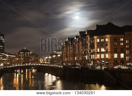 Historic Speicherstadt At Night In Hamburg