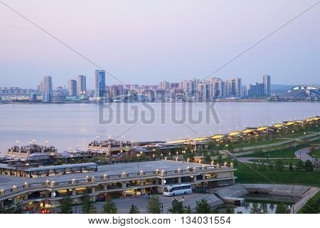 KAZAN, RUSSIA - MAY 02, 2016: The may twilight on the river Kazanka. Modern Kazan. The tourist landmark of the city Kazan, Tatarstan