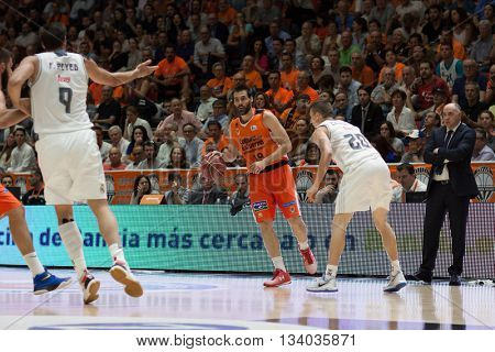 VALENCIA, SPAIN - JUNE 9th: San Emeterio wuth ball during 4th playoff match between Valencia Basket and Real Madrid at Fonteta Stadium on June 9, 2016 in Valencia, Spain