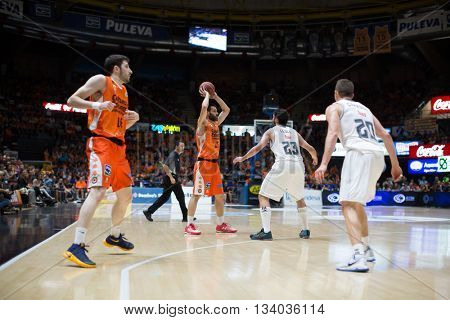 VALENCIA, SPAIN - JUNE 9th: San Emeterio with ball during 4th playoff match between Valencia Basket and Real Madrid at Fonteta Stadium on June 9, 2016 in Valencia, Spain