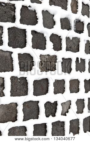 Detail Of Cobble Stone Paveway In Winter With Snow