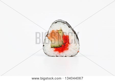 Fresh japanese sushi rolls on a white background