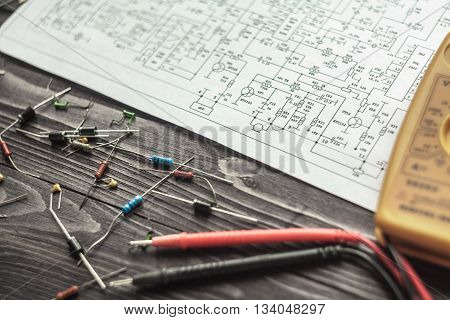 Electronic Components  On Wooden Rustic Background