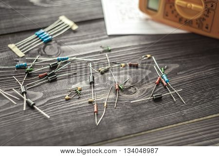 Electronic Components  On Wooden Rustic Background