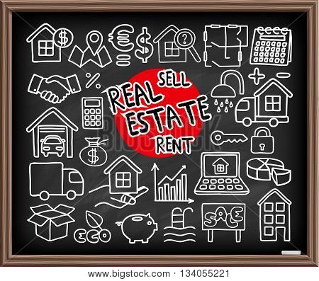 Real Estate set. Freehand doodle icons on chalkboard. Graphic design elements - selling house, moving, boxes, lending money symbols and more. Vector illustration