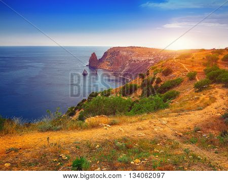 Fiolent Crimea - sea landscape. Sea view - Mountains surround the bay