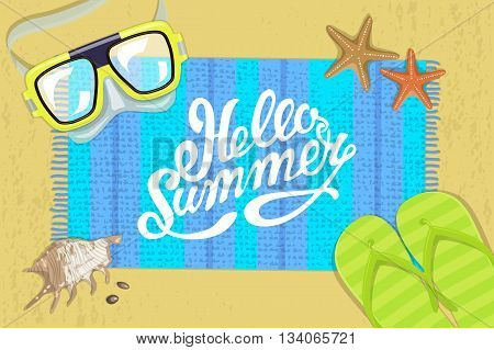 The summer bright composition of inscription, waterproof mask, pair of flip-flops, starfish, mat, shell 