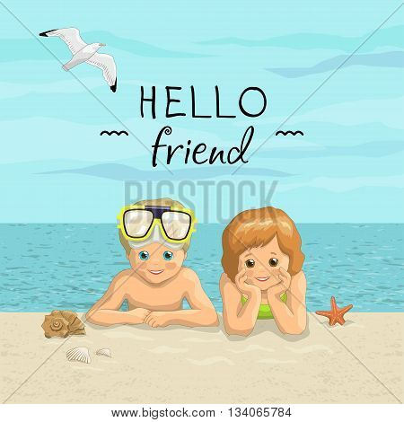 Vector banner summer sea beach vacation with the inscription. Day friends. Smiling kids boy and girl  lying on sea shore