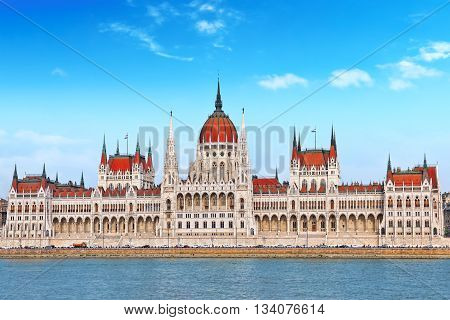 Hungarian Parliament At Daytime. Budapest. View From Danube Riverside.hungary