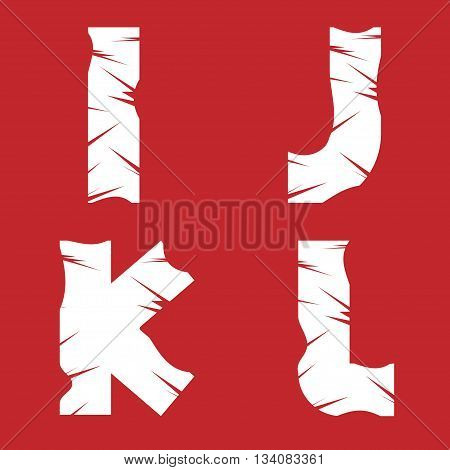 IJKL grunge letters. White scratch alphabet on the red background