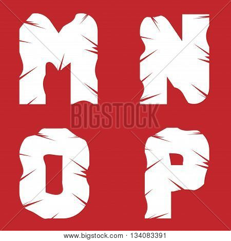 MNOP grunge letters. White scratch alphabet on the red background
