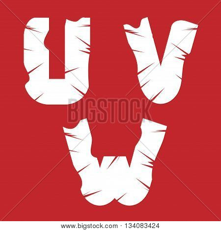 UVW grunge letters. White scratch alphabet on the red background