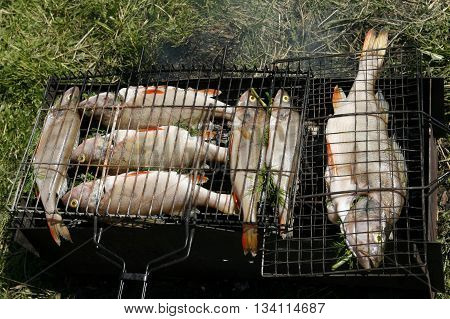 A few big bass on the grill for frying.