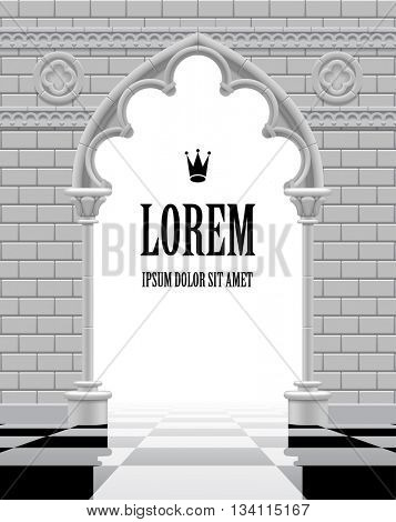 Gothic arch and wall in black and white colors on the glossy chess floor. Vintage architecture frame and background in shades of gray.  Vector Illustration