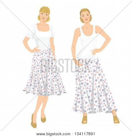Vector illustration of young girls in clothes for summer holiday. Romantic maxi skirt with flower pattern