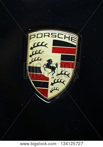 Cracow Poland - May 21 2016: Porsche Metallic Logo Closeup On Porsche Car Displayed At 3rd Edition O
