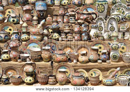 sets of the  ukrainian ceramic souvenirs outdoors