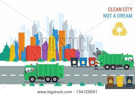 Vector flat concept clean city. Two recycling truck with workers make cleanup gabrage bins near road. Truck workers and containers. Web infographic