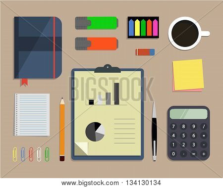 Top view of a desk background, where there is a calculator, office objects, stationery, documents and cup of coffee. Flat design vector illustration