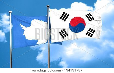 antarctica flag with South Korea flag, 3D rendering