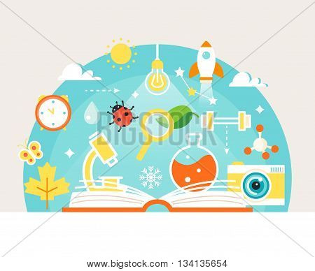 Open Book with Science and Nature Study Symbols. Education Concept. Vector Illustration
