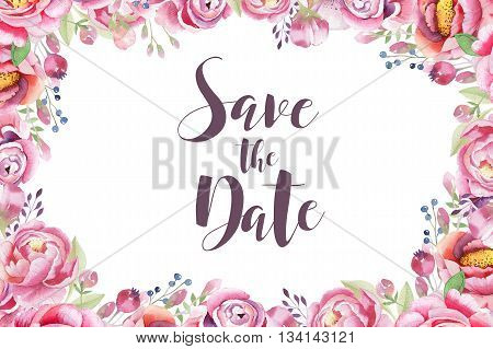Invitation card with watercolor peony elements. Rustic boho Wedding collection. Save the date with peonies backgraund. Blossom spring bohemian decoration.