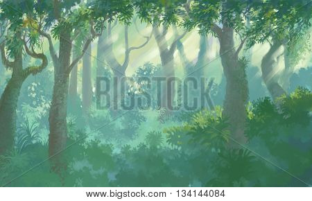 light of morning inside forest painting ilustration