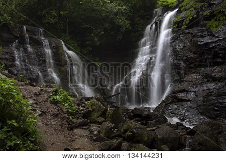 Spring waters flow over the twin Soco Falls in western North Carolina