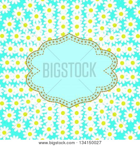 Greeting card with daisies with space for text with stars and golden sewing stitch