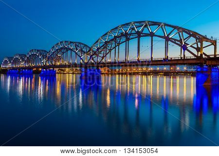 Railway Bridge At Twilight In Riga, Latvia