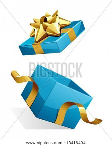 Vector open gift box with glossy gold bow