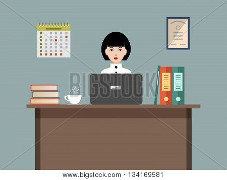 Web banner of an office worker. The woman is an employee at work. Vector flat illustration