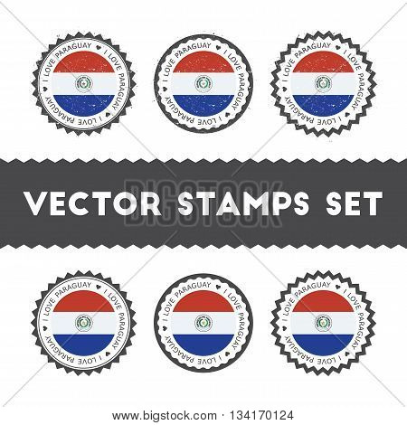 I Love Paraguay Vector Stamps Set. Retro Patriotic Country Flag Badges. National Flags Vintage Round
