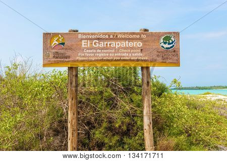 Santa Cruz Island Galapagos Ecuador - April 11 2016: Sign at the el Garrapatero beach on Santa Cruz island