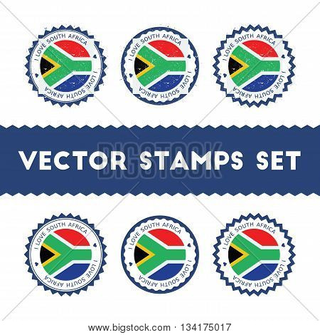 I Love South Africa Vector Stamps Set. Retro Patriotic Country Flag Badges. National Flags Vintage R
