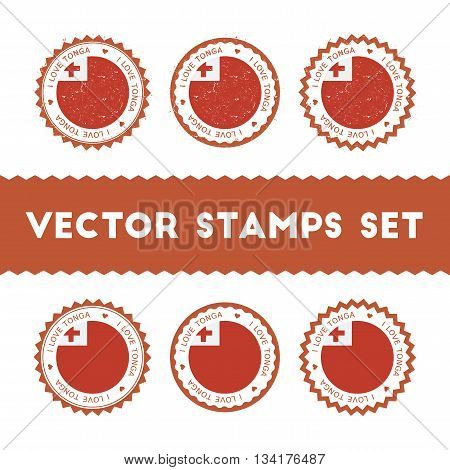 I Love Tonga Vector Stamps Set. Retro Patriotic Country Flag Badges. National Flags Vintage Round Si