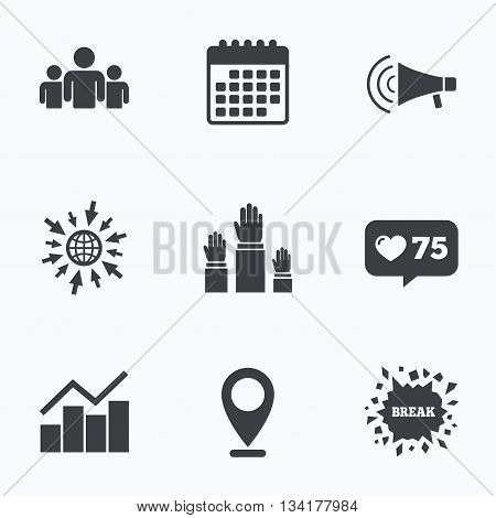 Calendar, like counter and go to web icons. Strike group of people icon. Megaphone loudspeaker sign. Election or voting symbol. Hands raised up. Location pointer.